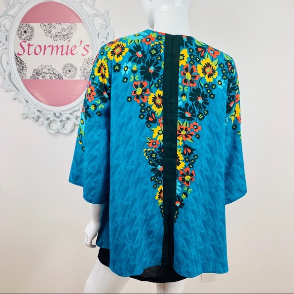 Vintage Bob Mackie / Turquoise Floral with Orange Yellow Black Flowers Kimono - Picture 5 of 8